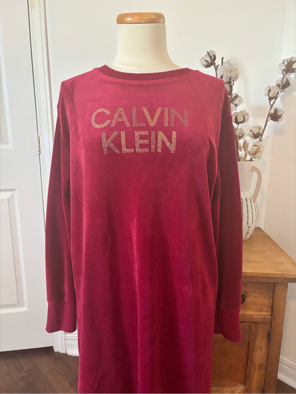Calvin Klein Burgundy Long Sleeve Velvet Logo Dress
